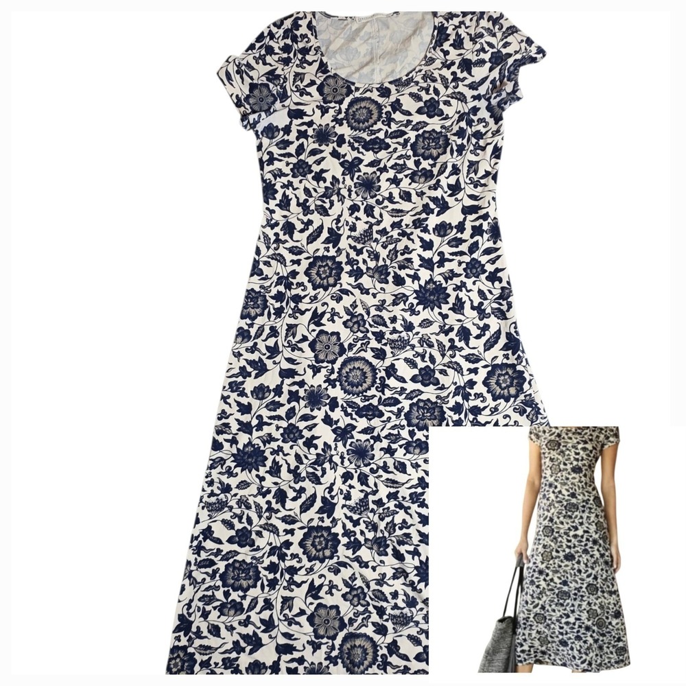 Peruvian Connection Floriana Dress Blue White Floral Botanical Midi Boho Peru